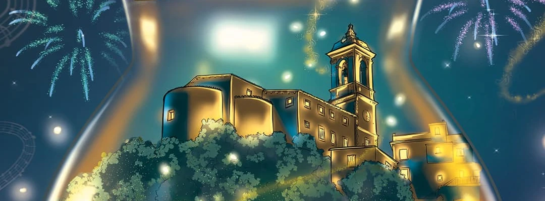 Extrait de l'affiche du festival "Riviviamo il centro storico" 2024. Dessin de l'Église Santa Maria Nuova de Toffia dans un bocal en verre. Ambiance nocturne, lumières et feux d'artifices.